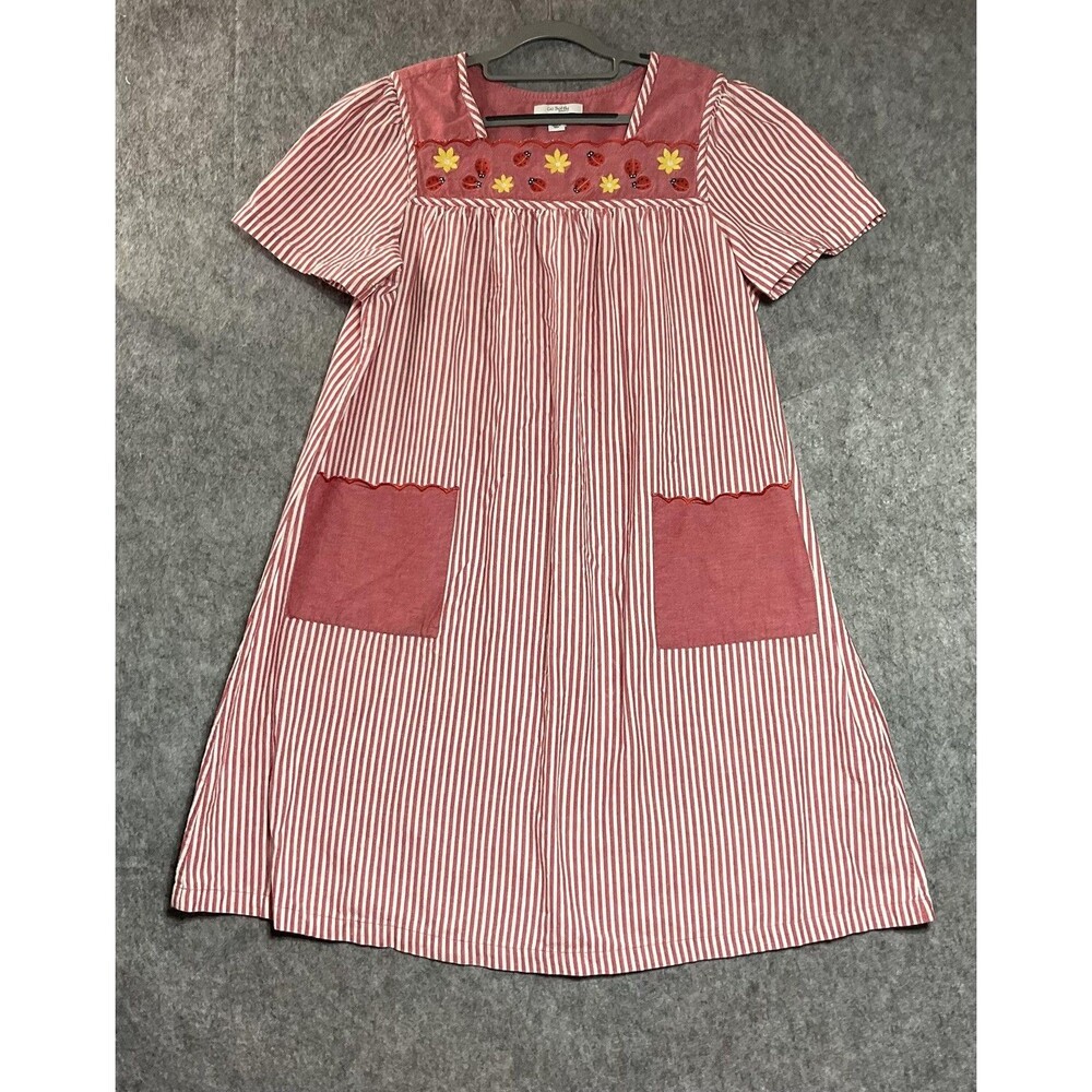 Go Softly Patio Dress Womens Large Red Stripe Kaftan Muumuu Ladybug Pockets